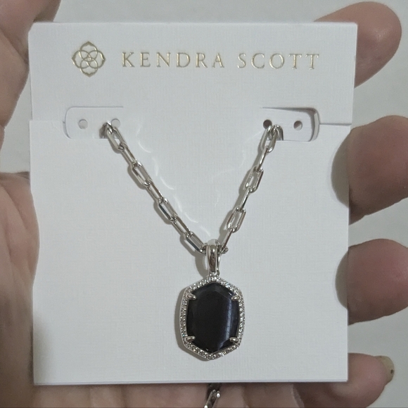 Kendra Scott Daphne Silver Pave Frame Short Pendant Necklace in Navy Tiger's Eye - Picture 5 of 7